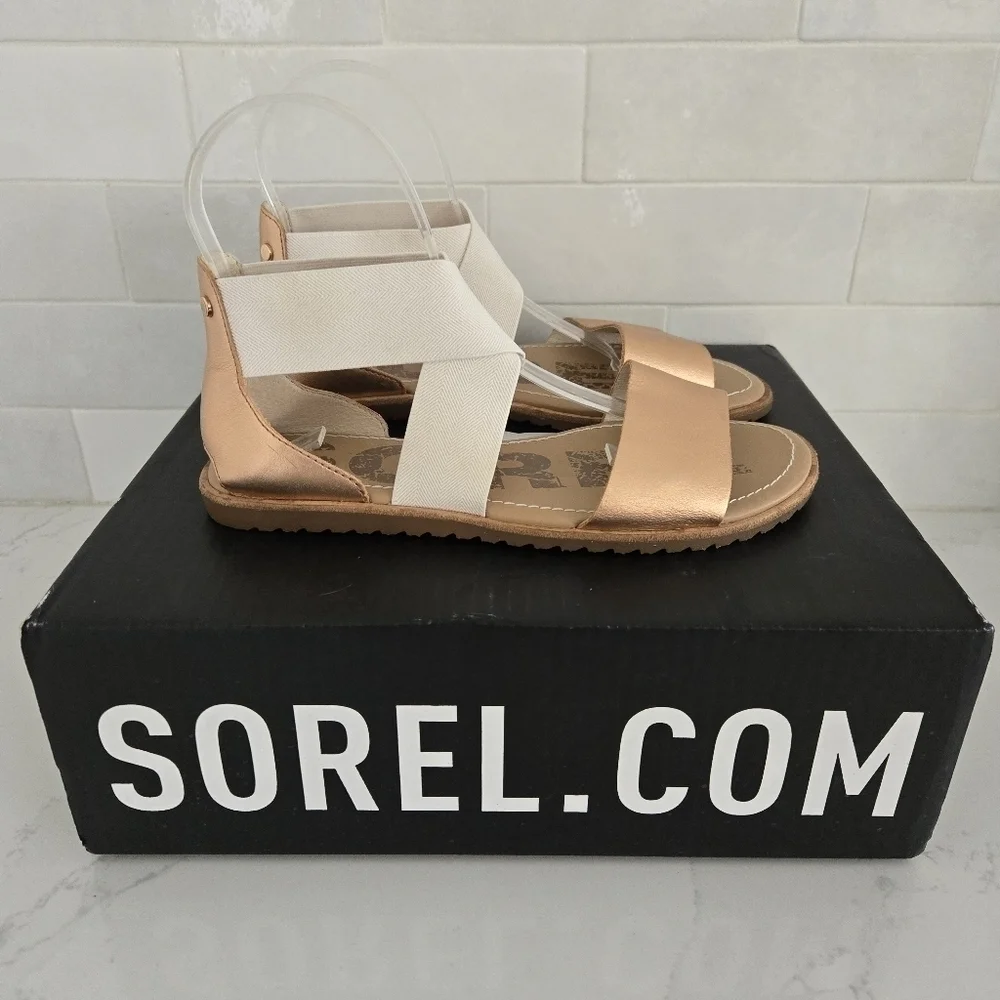 Sorel Ella Elastic Ankle Strap Gladiator Sandal Rose Gold Metallic Leather 6.5